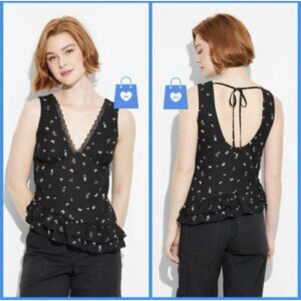 Wild Fable Black Butterfly Print Peplum Fairycore Tank Side Zipper Top XXS NWT